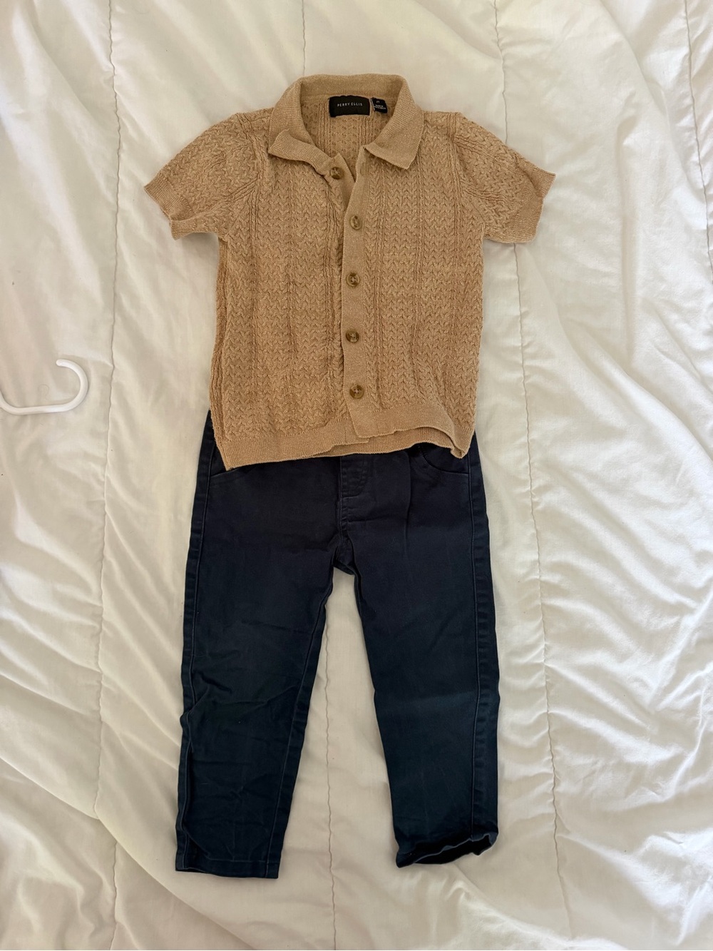 Perry Ellis Boys 2T Cable Knit Polo Shirt & Navy Pants Outfit Set